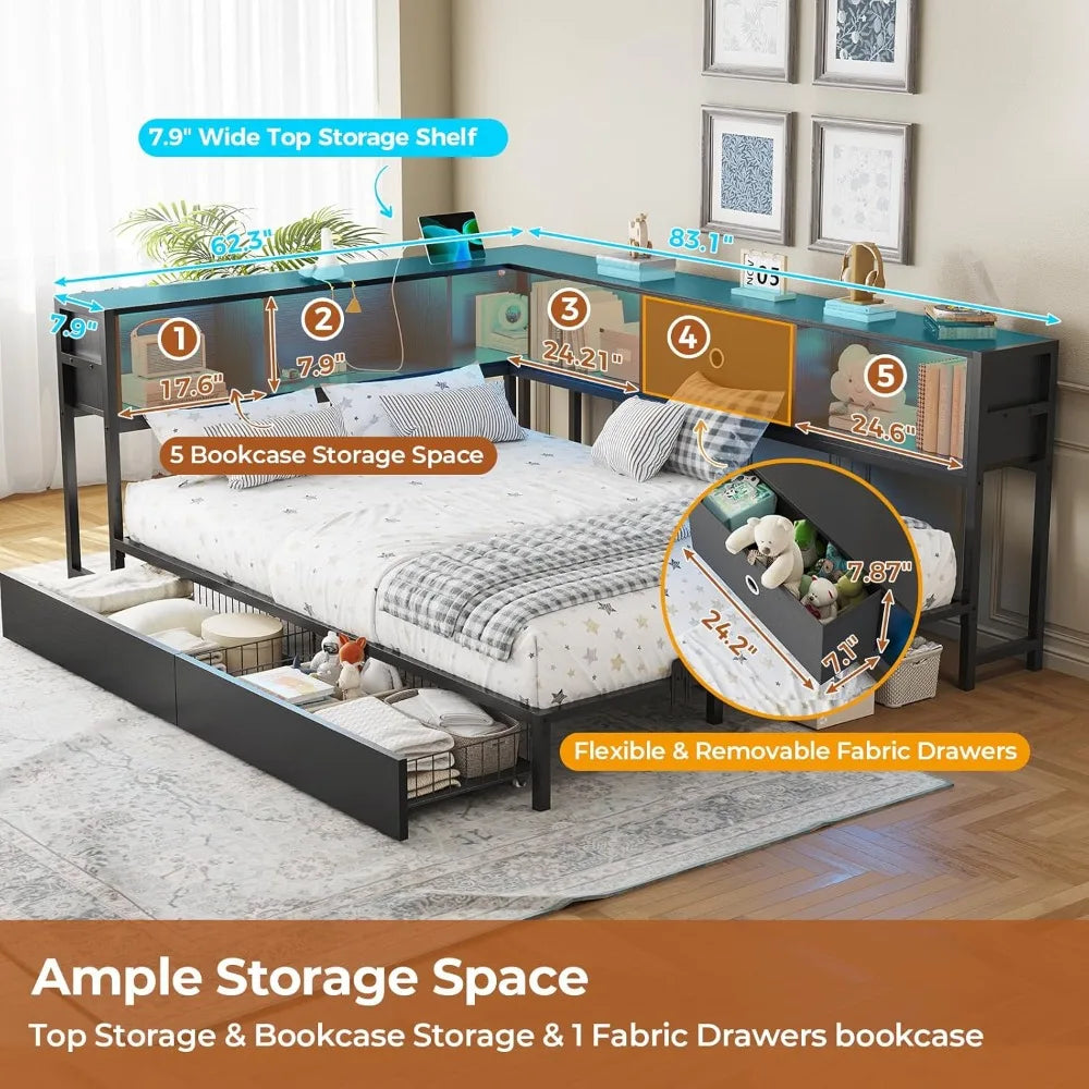 Full Corner Bed Frame with LED Lights, Storage Drawers & Charging Station - No Box Spring Needed.