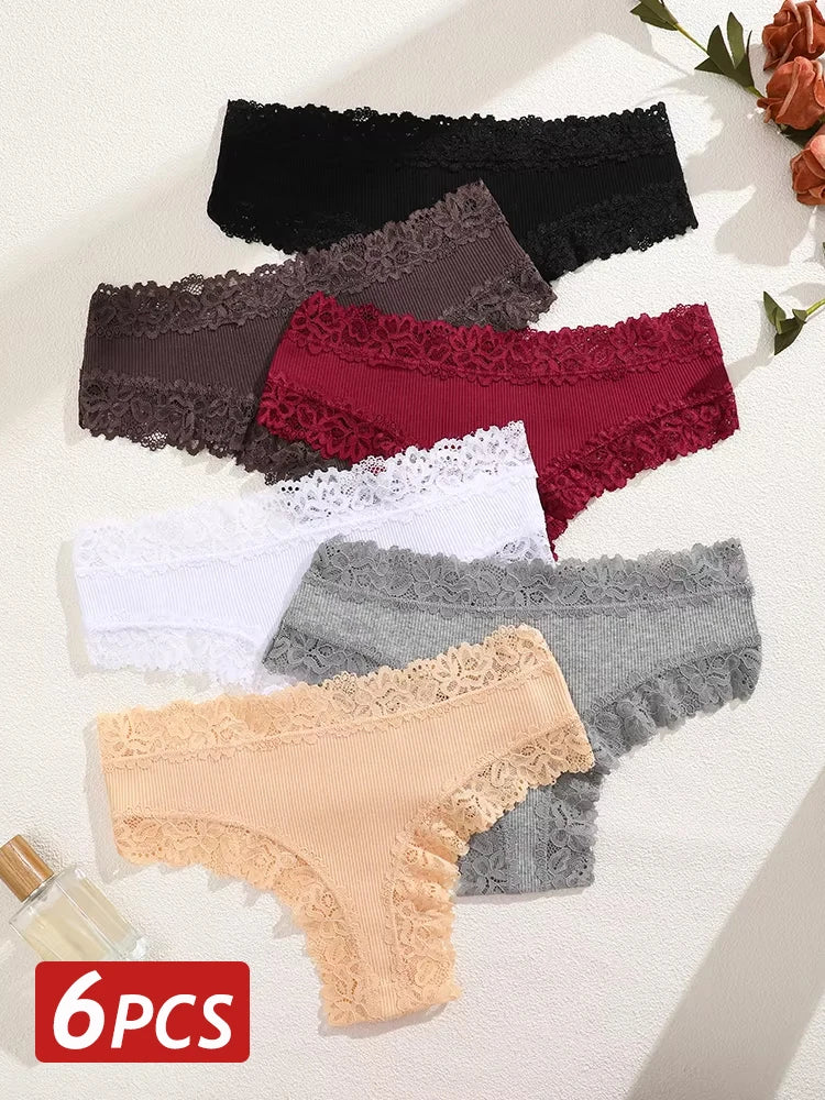 6PCS/Set Women Sexy Lace Brazilian Panties, Low-Waist Elastic Underwear S-XL.
