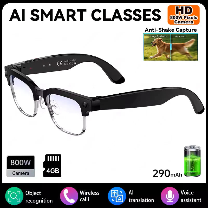 AI Smart Glasses 8 Million Pixels, Recording Videos, Photo Recognition, Answer, Translation, 290mAh IP66 Waterproof Bluetooth Glasses.