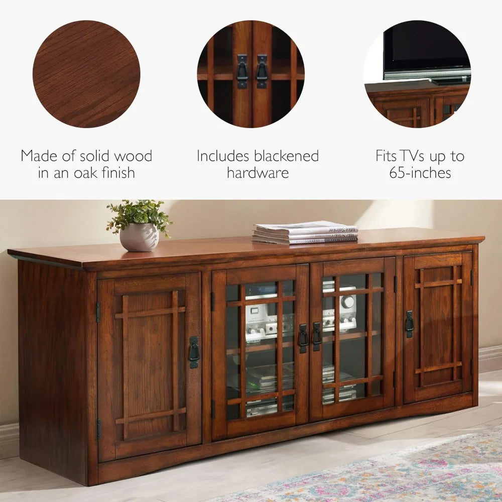 Solid Wood Mission Oak TV Stand for 65-Inch TVs Console with Storage Shelves