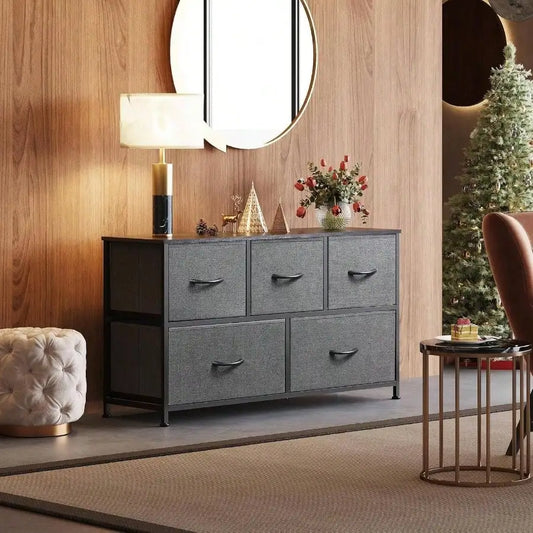 5-Drawer Fabric Dresser – Wide Storage Organizer with Bins for Bedroom.