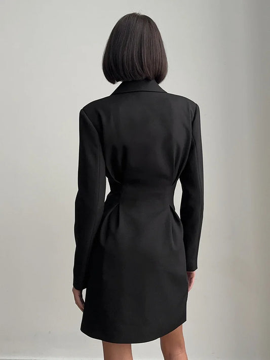 Woman Clothes Elegant Double Breasted Tunics Blazer Dresses ,Long Sleeve Buttons Solid Black Short Dress