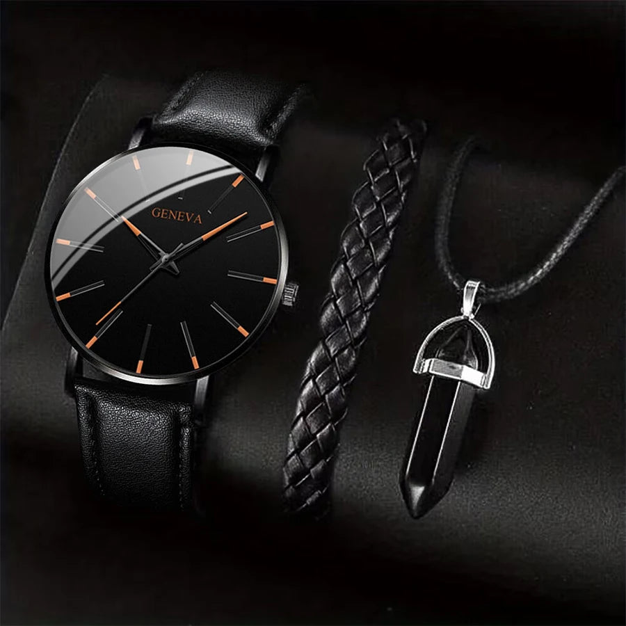 3PCS/Set Men Business Watches Leather Band Analog Male's Quartz Watch Necklace Bracelet Set.