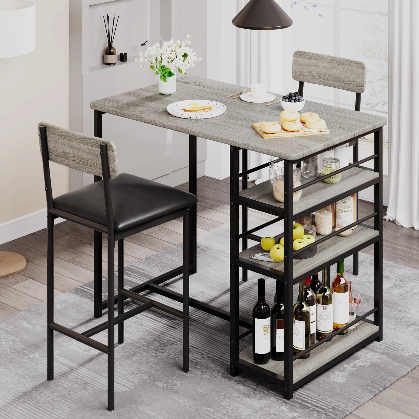 Dining Table Set with 3-Tier Shelves, Bar Kitchen Table Set with 2 Padded Chairs.