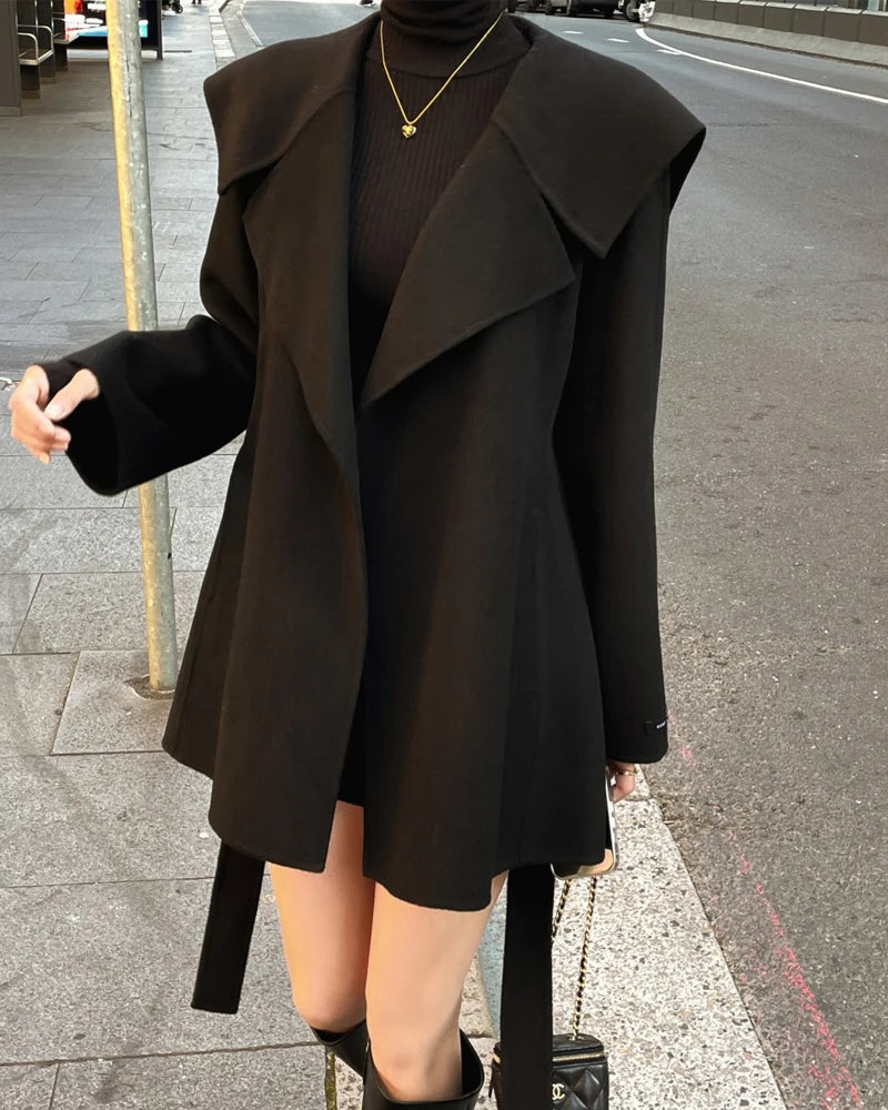 Winter Wool Coat Women, Chic Navy Collar, Belted Waist