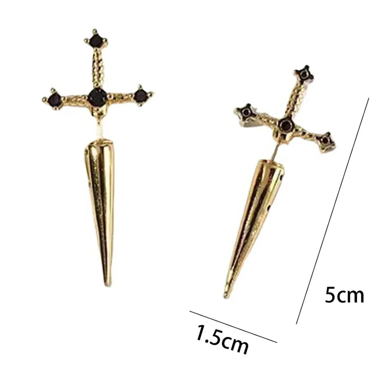 Hip Hop Cross Sword Stud Earrings For Women, Classic black Crystal Stone Silver Ox Gold.