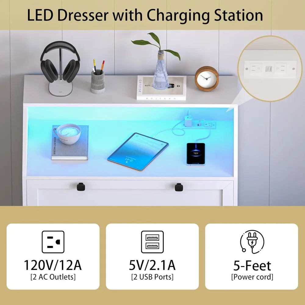 5 Drawer LED Dresser with Charging Station, Modern Wood Storage Cabinet for Bedroom Living Room.