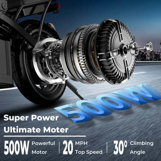 500W Adult Electric Bike, 20 MPH, 48V 10.4Ah Removable Battery.14 Inch Folding Electric Bike, Multi-Shock Absorption.