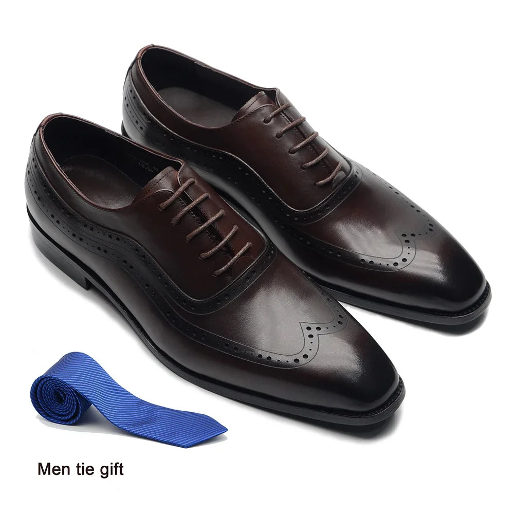 Men Wingtip Oxford Dress Shoes, Genuine Leather Brogue, Dark Brown Lace-up Pointy Toe, Business, Office, Wedding, Formal Shoes.