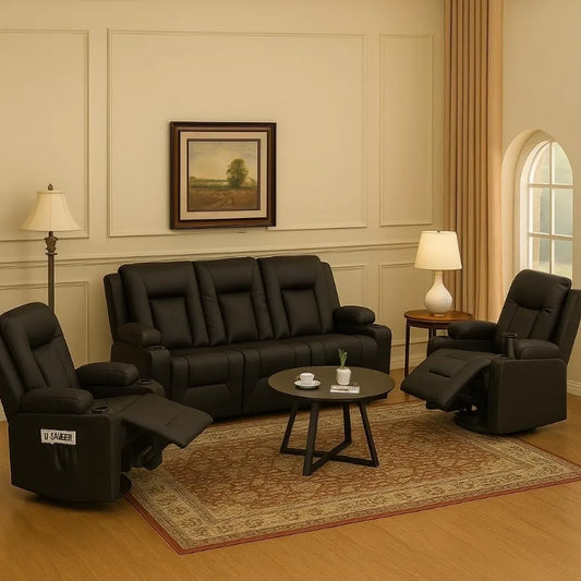 Leather Recliner Sofa Set with Manual Recliners Couch, Loveseat and Armchair