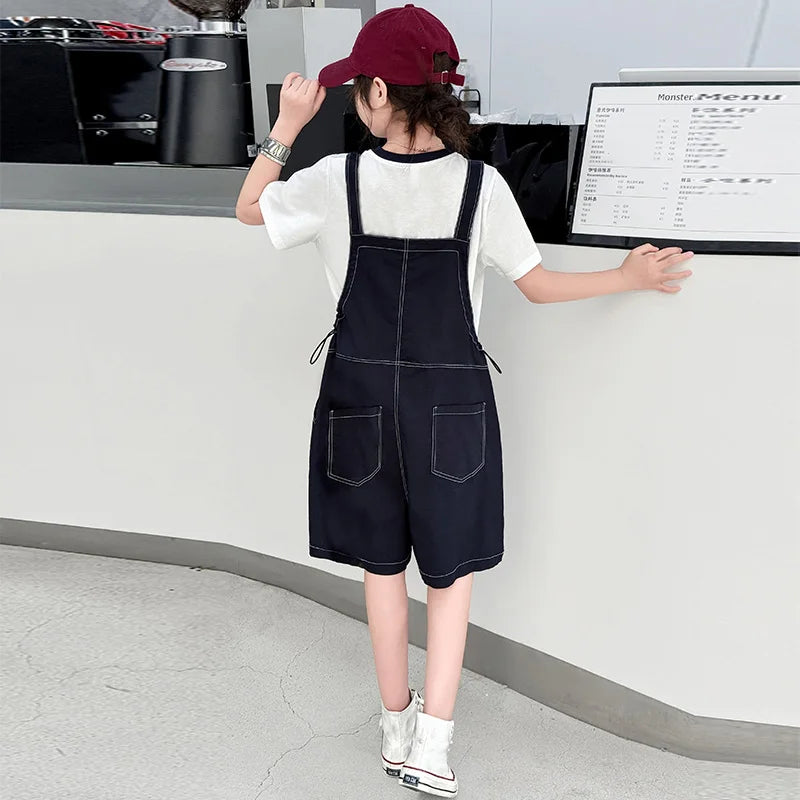 Girls Fashion Denim Overalls Medium, Big Children's Casual Loose Denim