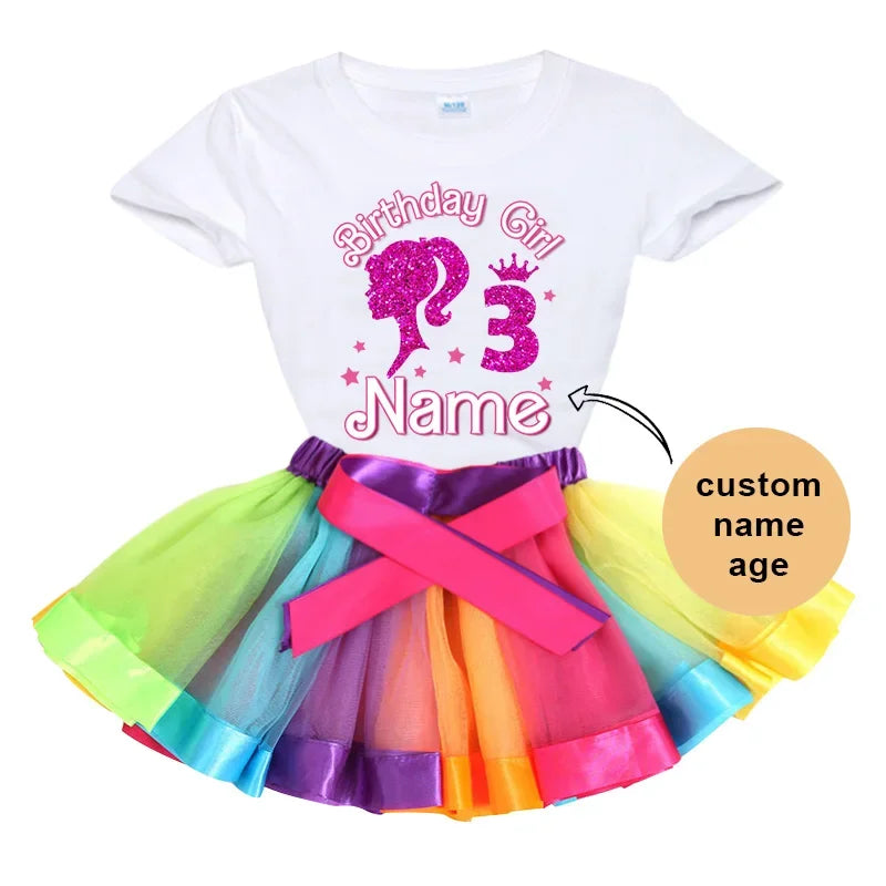 Birthday Girl 5th Outfits Rainbow Dress, Tutu Dress Suit Kids Clothing.