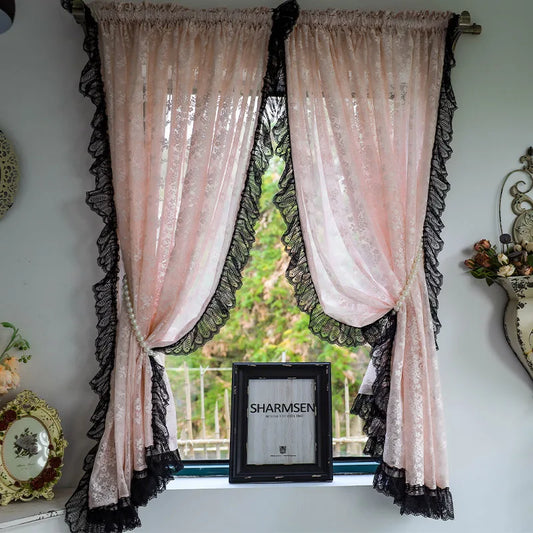 Vintage Black Lacework with Pink Jacquard Sheer Floral Curtains.