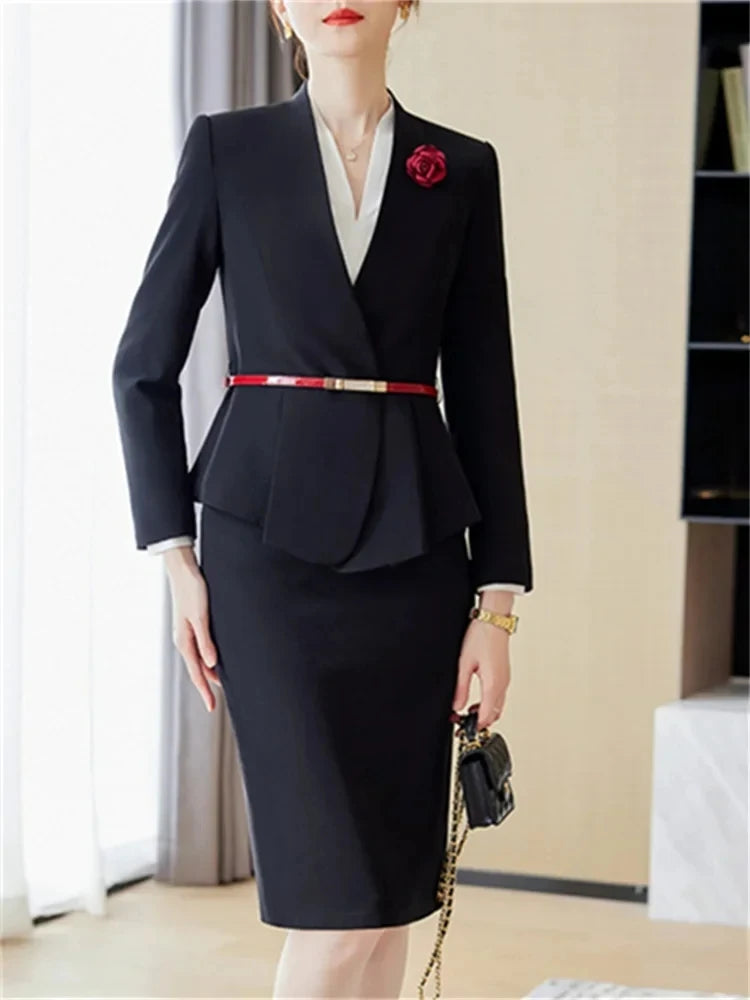 Slim 2 Piece Blazer and Skirt 2025 New Fashion Office Ladies V Neck Long Sleeve Blazers.