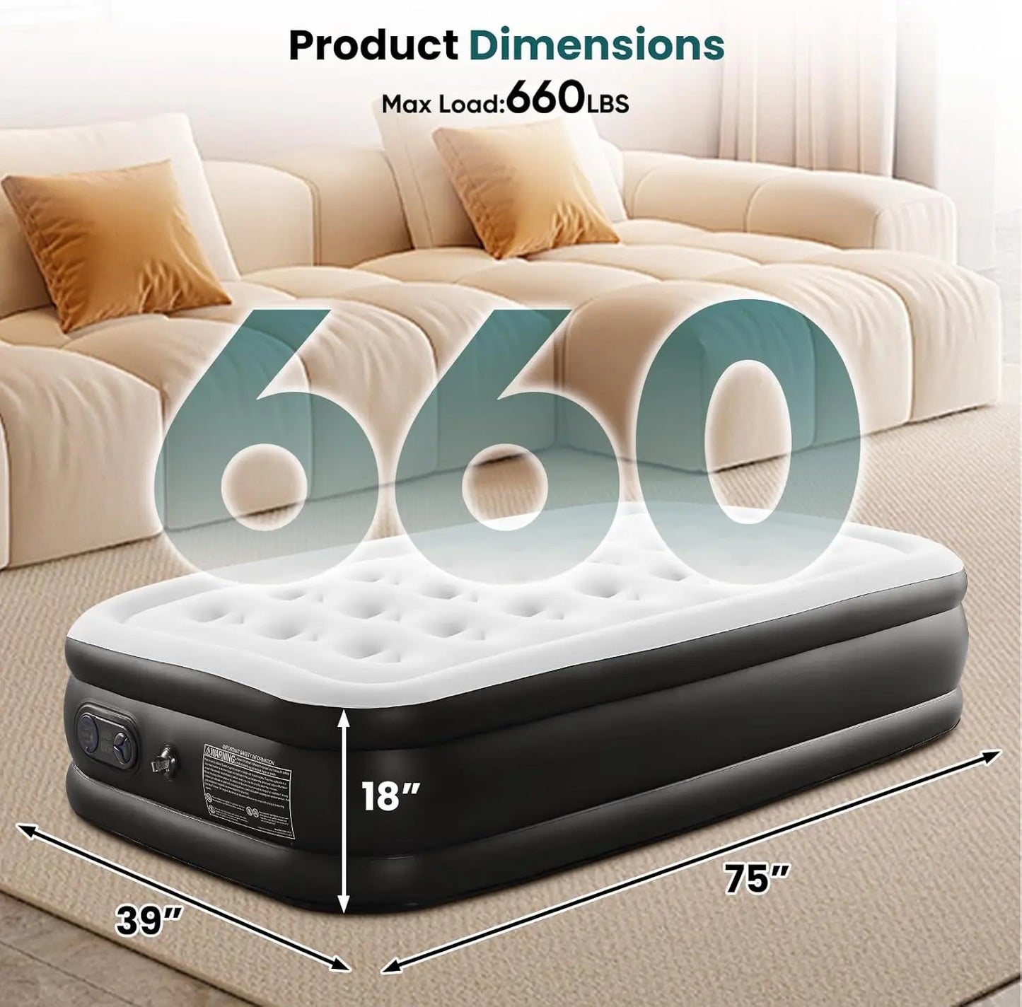 18-Inch Twin Air Mattress with Built-in Pump - Inflatable Bed for Camping, Home & Guests, Non-Slip Bottom, 660 lbs Capacity.
