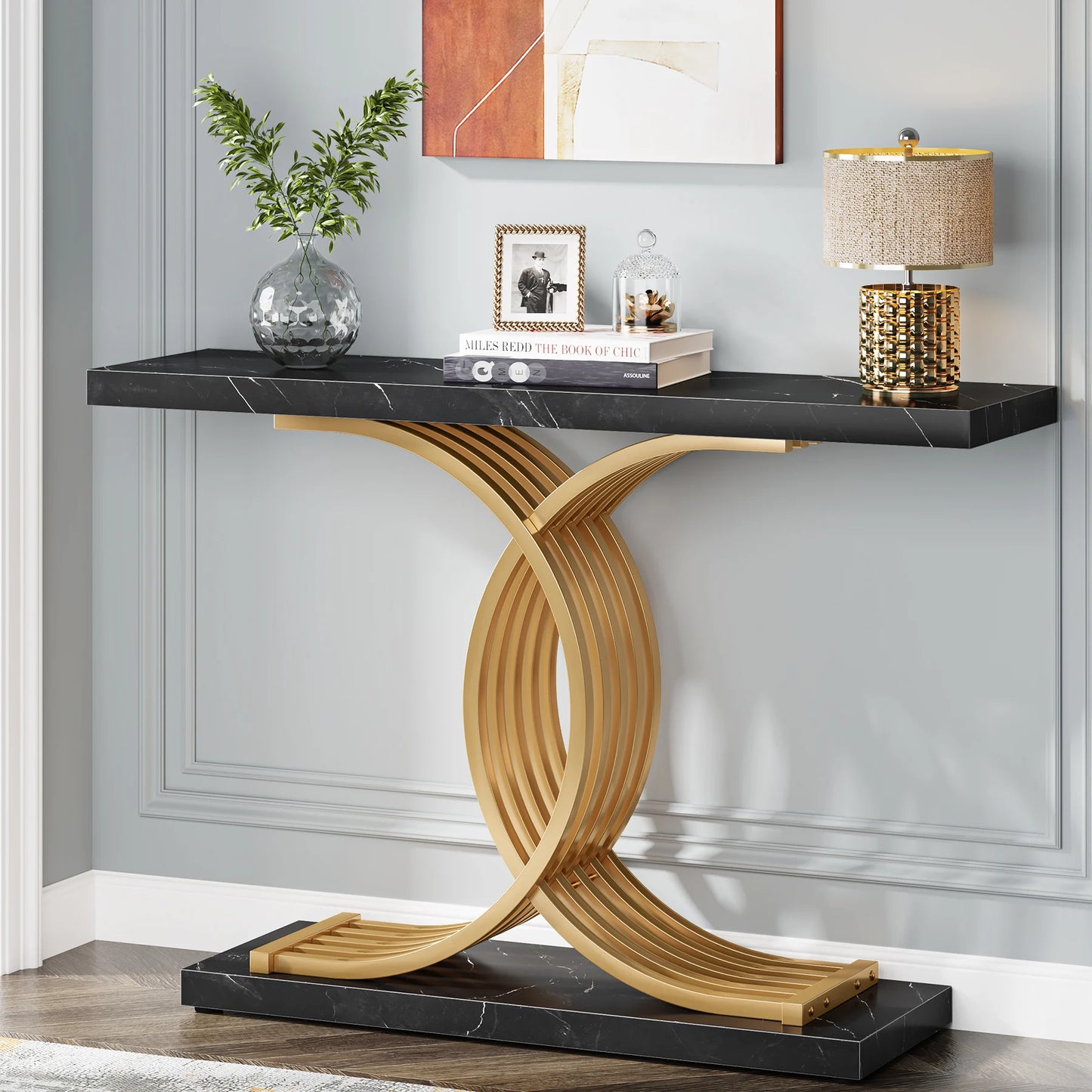 Gold Entryway Table, Modern 39-Inch Console Faux Marble Metal Legs.