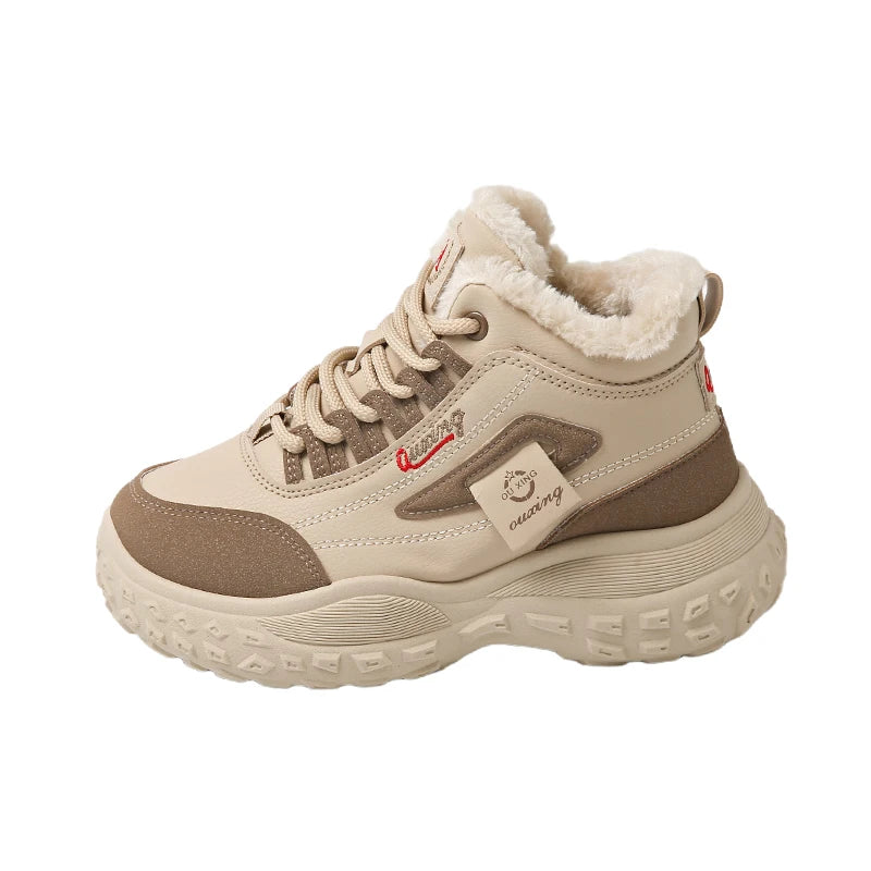 Winter high-top cotton shoes with fleece for women, outdoor casual sports, slip-resistant and durable.