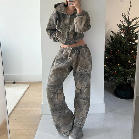 2 conjuntos de ropa exterior, chándal de camuflaje retro Y2K para hombre con cremallera, estilo urbano, conjunto de sudadera oversize unisex de hip hop.