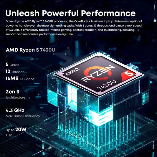 Ordinateur portable gaming CHUWI Core Book X, AMD R5-7430U, RAM DDR4 16 Go, SSD 512 Go, écran 2K 14,1 pouces, ultra-léger.