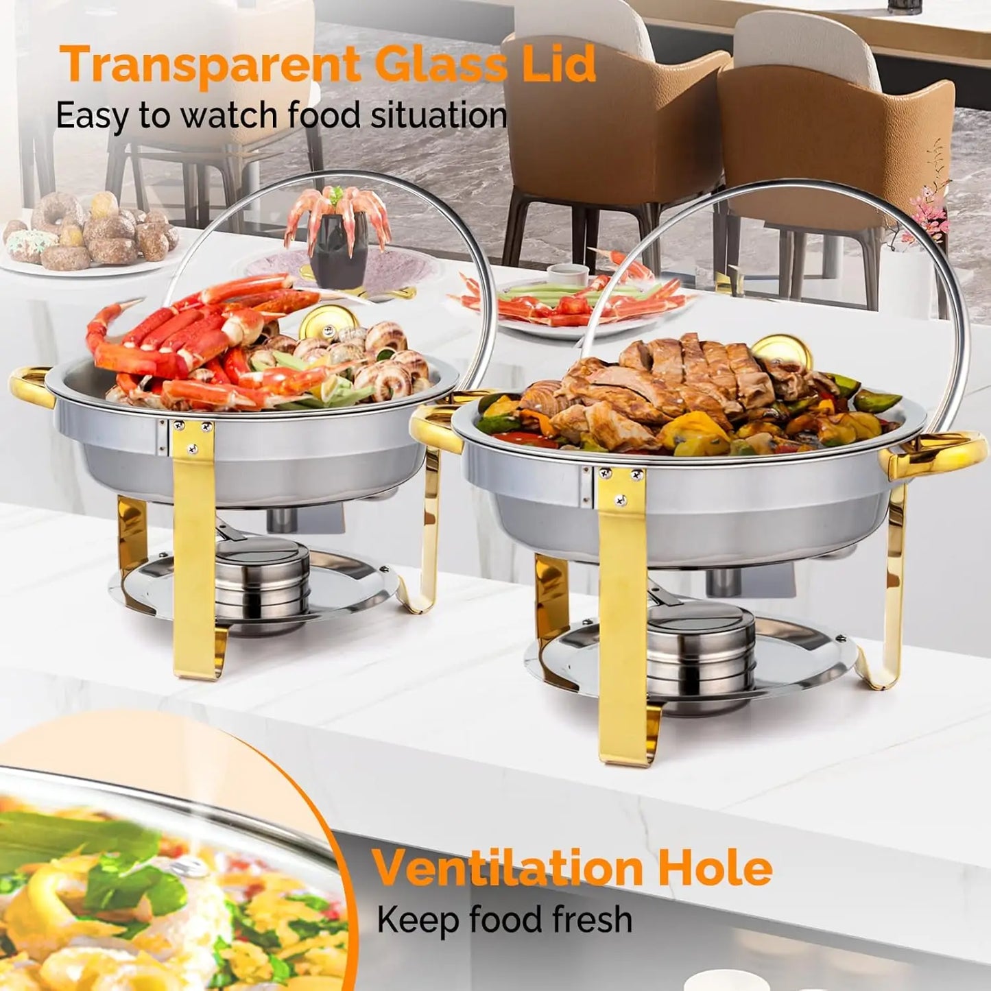 5QT 4 Packs Chafing Dish Buffet Set Gold Accent, NSF Round Stainless Steel Buffet Warmer.