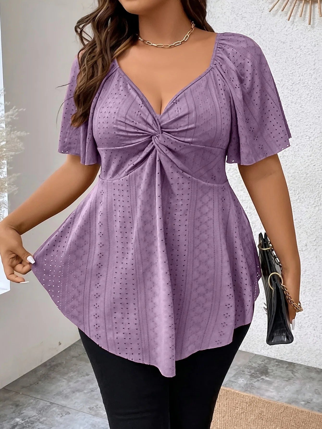 Plus Size Elegant, Casual, Solid Curve, Clothing Loose V Neck Tops.