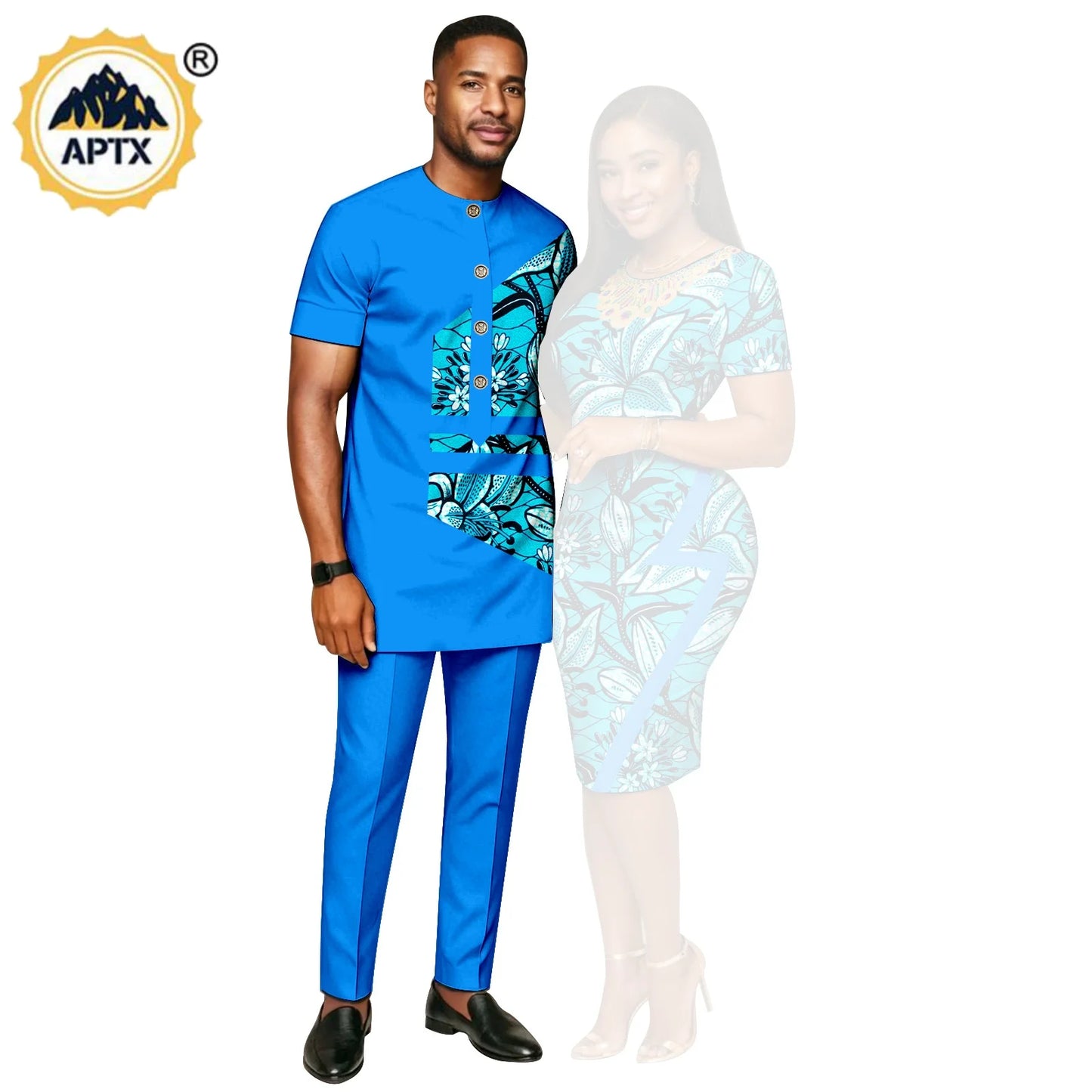 African Print Slim Hip Knee-length Dresses for Women, Matching Couple Outfits Dashiki Men Patchwork Top and Pant Sets 26C019.