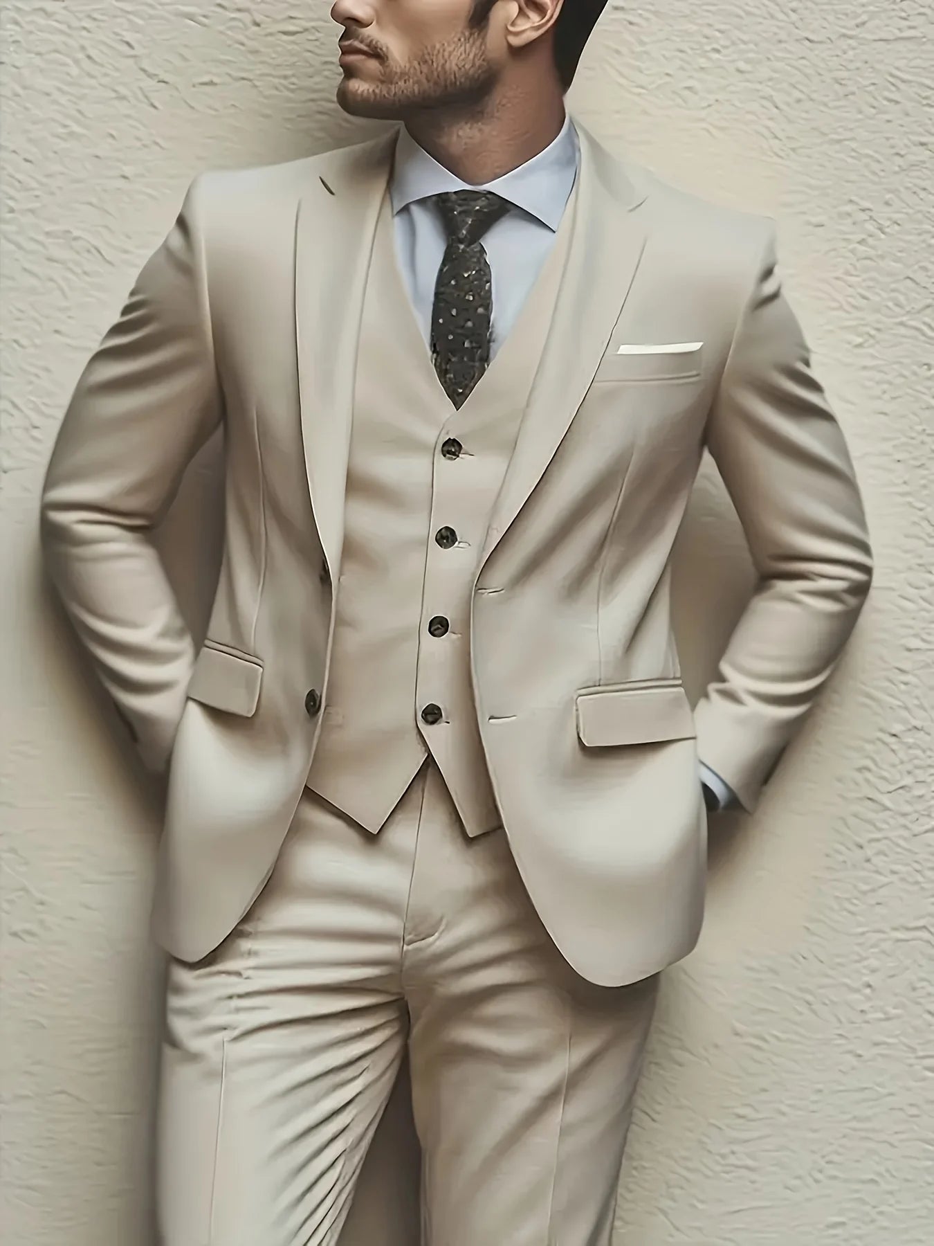 Men 3pcs Suit Set, Jacket + Vest + Pants, Fashionable High-Quality, Formal Attire.