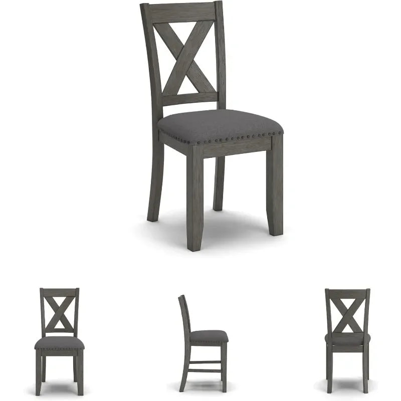 Rustic 7-Piece Dining Set, Gray Rectangular Table, with 6 Upholstered X-Back Chairs, Farmhouse Design.