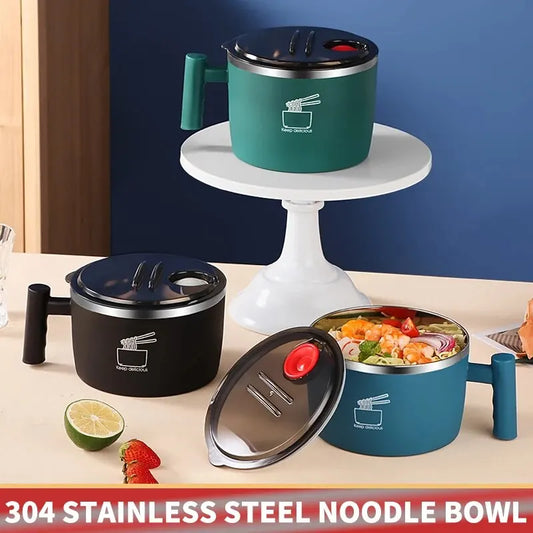 Cuenco de acero inoxidable con tapa para fideos instantáneos, tazón de desagüe sellado y portátil para cocina.