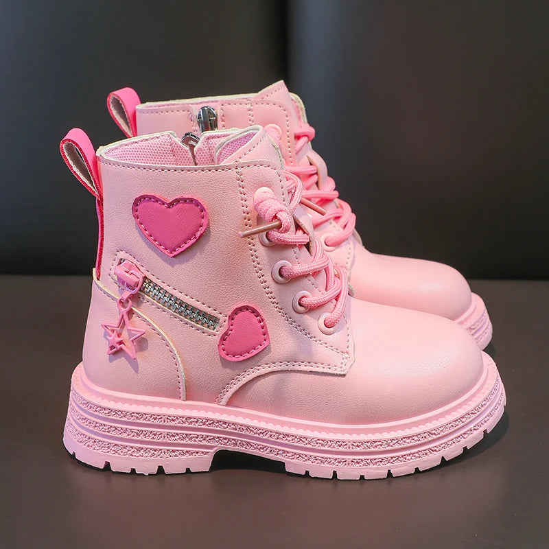 Girls Boots Kids Fashion Rubber Autumn and Winter, Cotton Soft Sole Pink with Love, Side Zip Princess Round-toe.