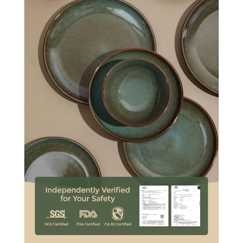 16 Piece Double Bowl Dinnerware Sets, with Pasta Bowls, Natural Earth ware Service for 4 Sage Green.