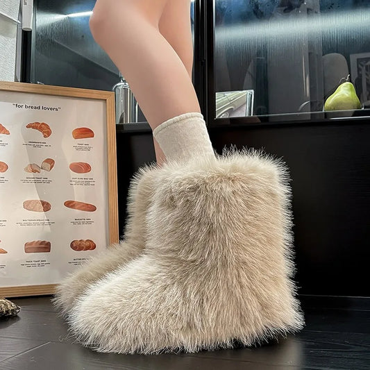 Warm Faux Fur Short Snow Boots Women Outerwear Booties, Black Cotton Lined Winter Thick Bottom Rubber Outsole.