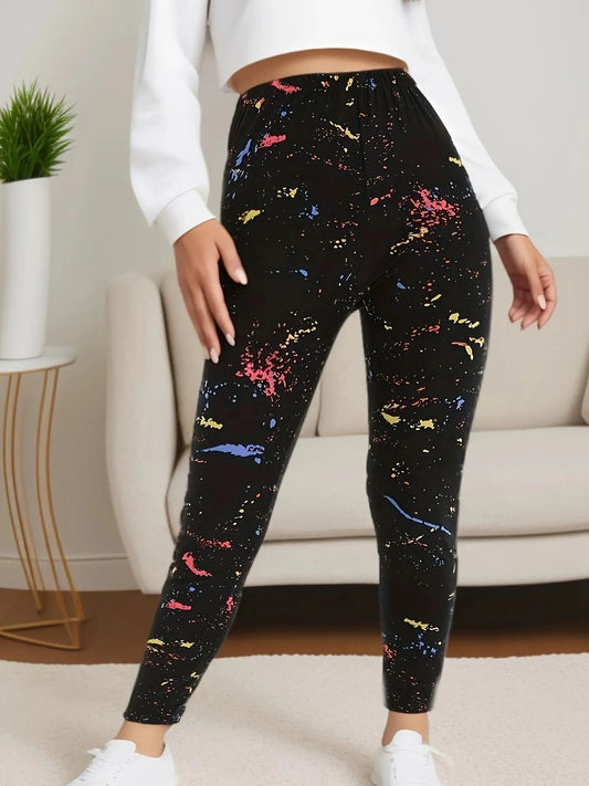 CUHAKCI Black Inkjet Plus Size Sports Tight, Women's Leggings, High Elasticity .