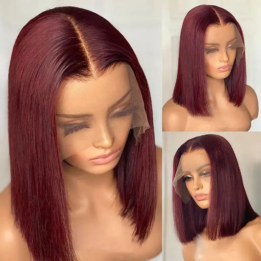 Brazilian HD Transparent Short Bob Human Hair Wigs Highlight Burgundy 99J Straight