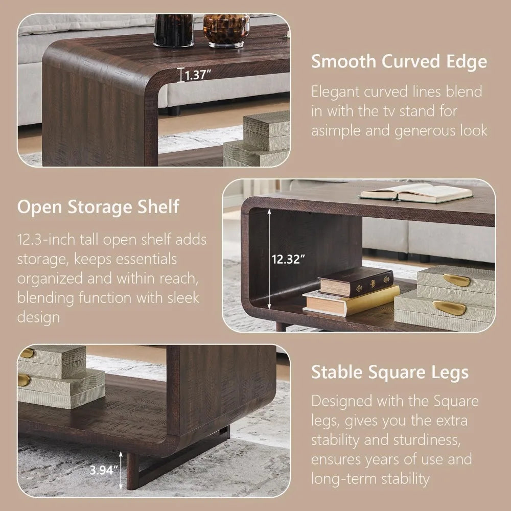 48" Modern Coffee Table, 2-Tier Minimalist Design with Storage Shelf, Curved Profile for Living Room.