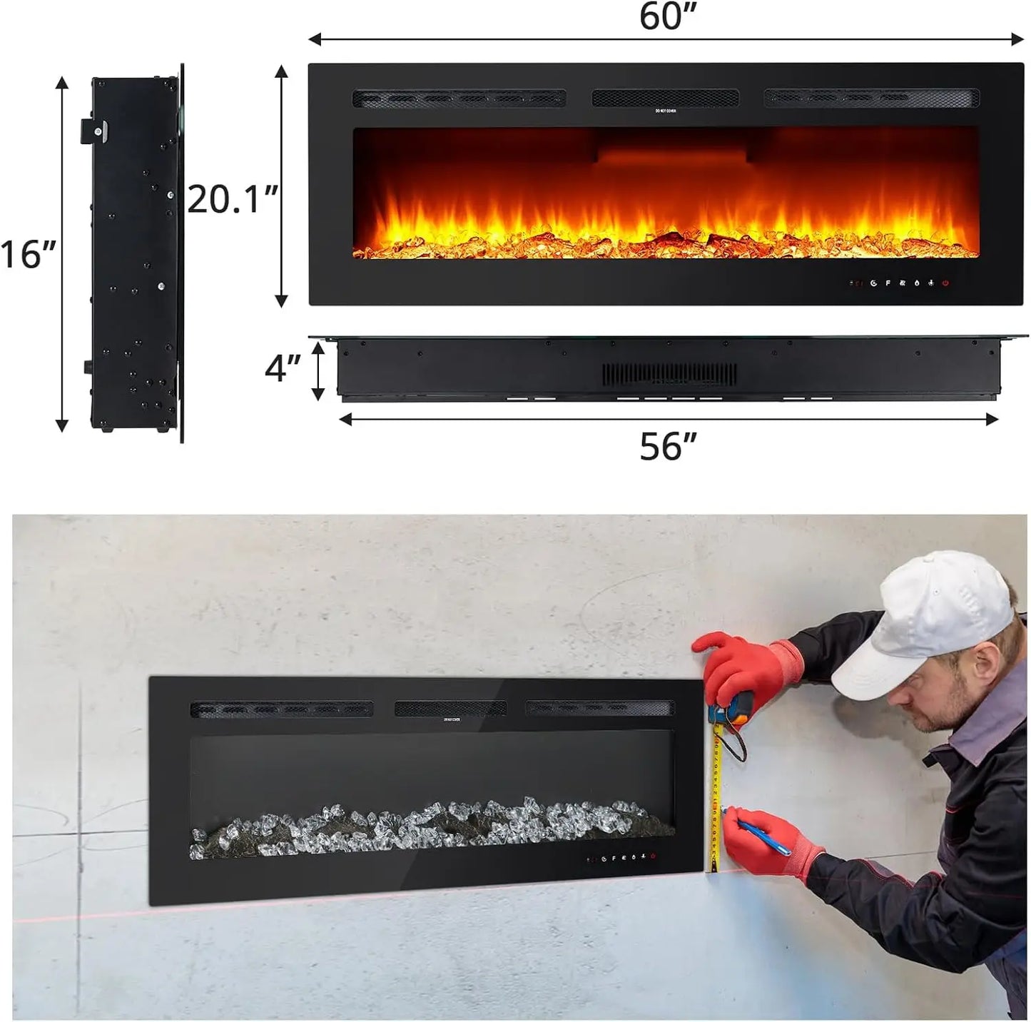 60" Electric Fireplace, 3.85" Ultra-Thin Recessed & Wall Mounted 12 LED Flame Colors