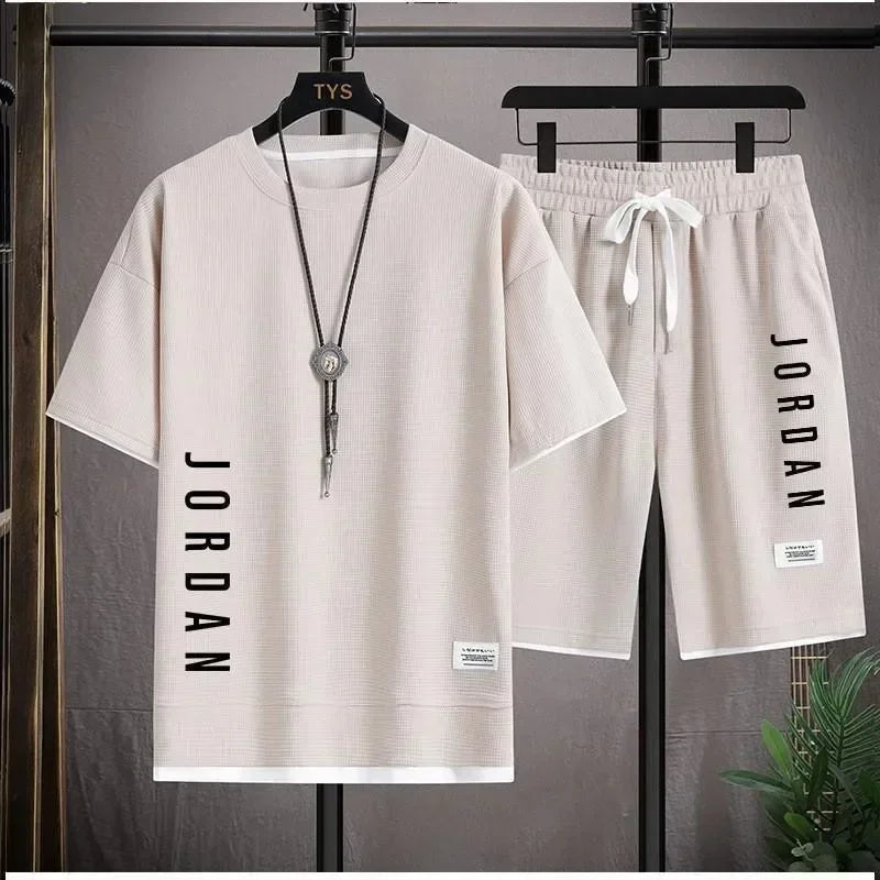 Stylish casual T-shirt + Shorts set Men Loose comfortable summer Waffle suit.