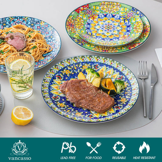 Assiettes plates en porcelaine de 6/12 pièces, service d'assiettes à déjeuner. Service d'assiettes plates résistantes aux rayures pour 6 personnes.