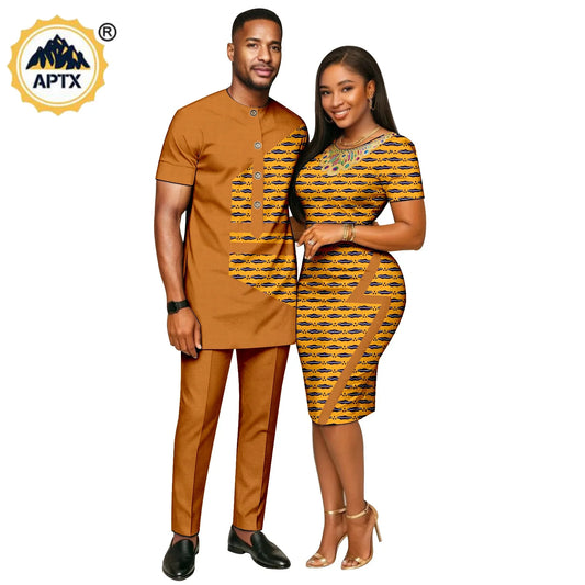 African Print Slim Hip Knee-length Dresses for Women, Matching Couple Outfits Dashiki Men Patchwork Top and Pant Sets 26C019.