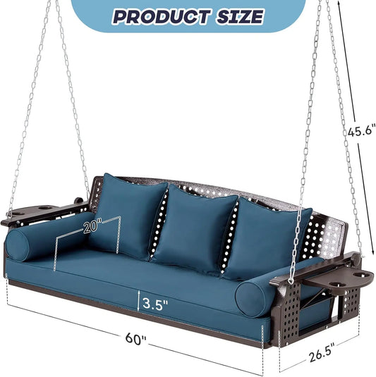 Brown Seagrass Rattan 3 Seat Porch Swing Blue Cushions Cup Holders Chains Deck Garden Backyard