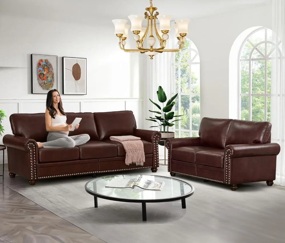2-Piece Modern PU Leather Sofa Set with Storage, Mid-Century Loveseat + 3-Seater Couch for Living Room, Red Brown.