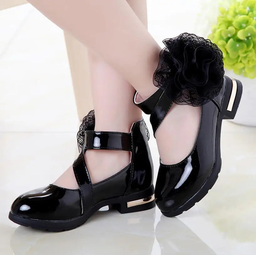 Girls High Heel Princess Flower Shoes, Fashion Children Shoes Leather Girls.