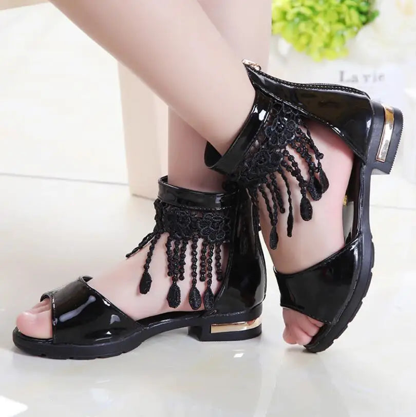 3 5 9 10 12 Year Kids Bow Sandals, Cute Princess Fashion High Heels Tassel School Shoes.