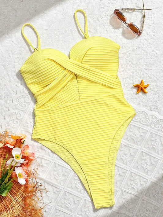 Sexy Yellow Swimwear, Women 2026 Hollow Out Cross Tummy Control One Piece Swimsuit Backless Bathing Suit.