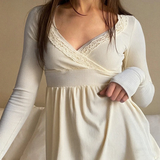 Lace Trimmed Wrap Blouse, Club Street Style Hot Sale S M L