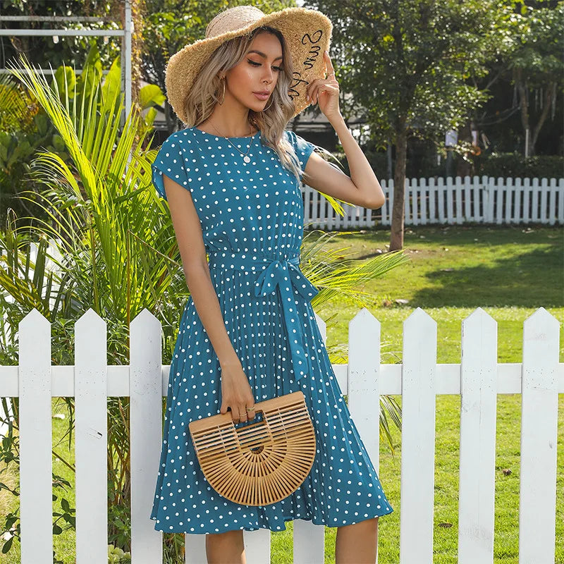 Summer Dresses For Women High Waist Midi Elegant Pleated Polka Dots , Dinner Party Vacation Dress.