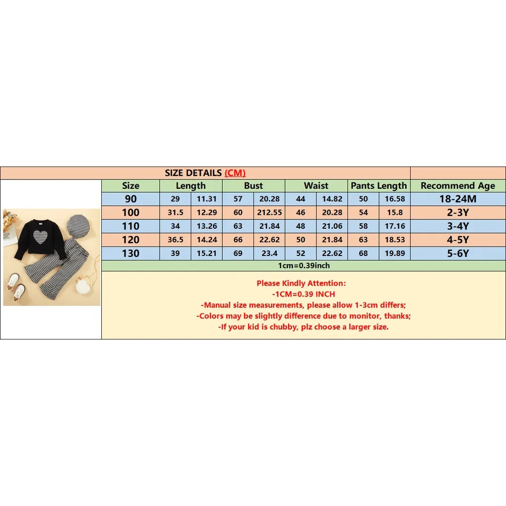 1-6 Year Little Girl Clothes Set, Love Heart Print, Long Sleeve 3PCS Outfits.