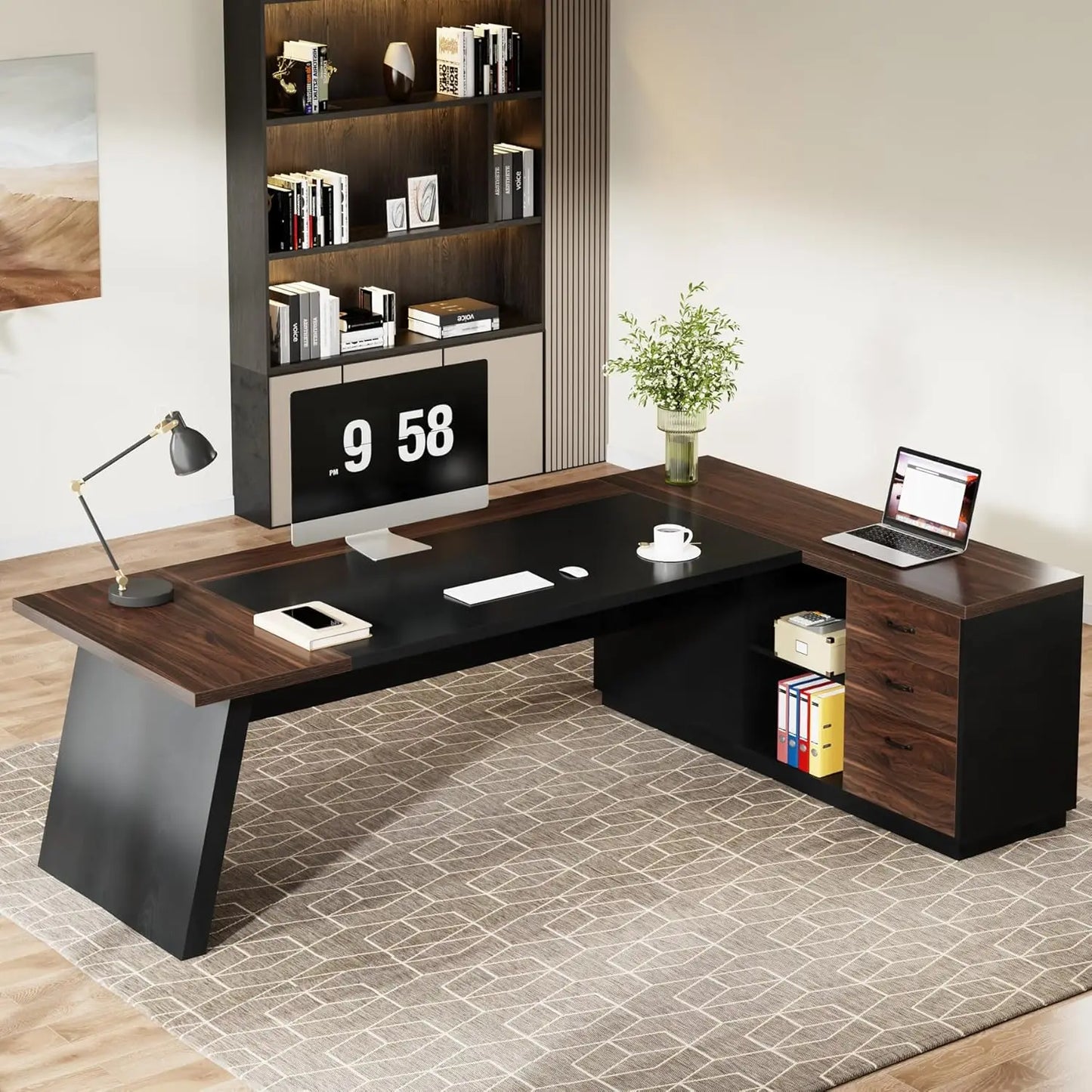 L-Shaped Executive Desk with Drawers and Lateral File Cabinet,
