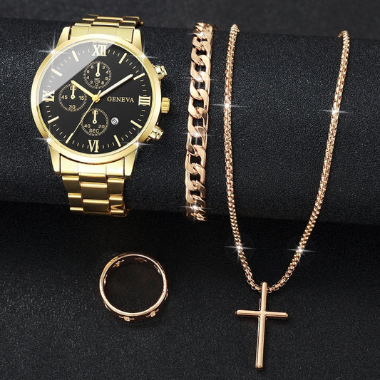 4pcs/set Men's Watch Bracelet Necklace Ring Set (No Box)