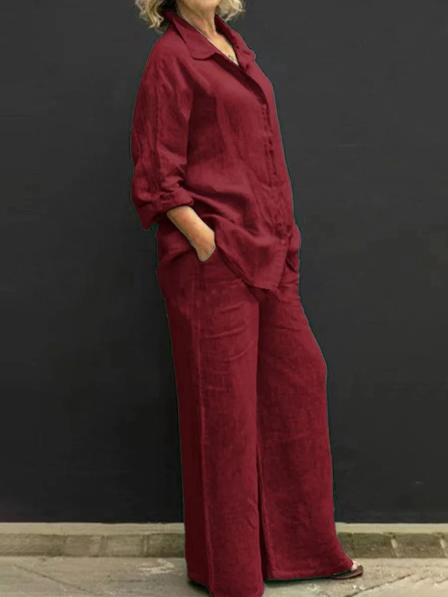 Two Piece Sets Women Outfits, Fall Simple Long Sleeve Shirt Loose Trousers Set Office Casual.